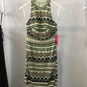 green pink black detailed formal cocktail dress